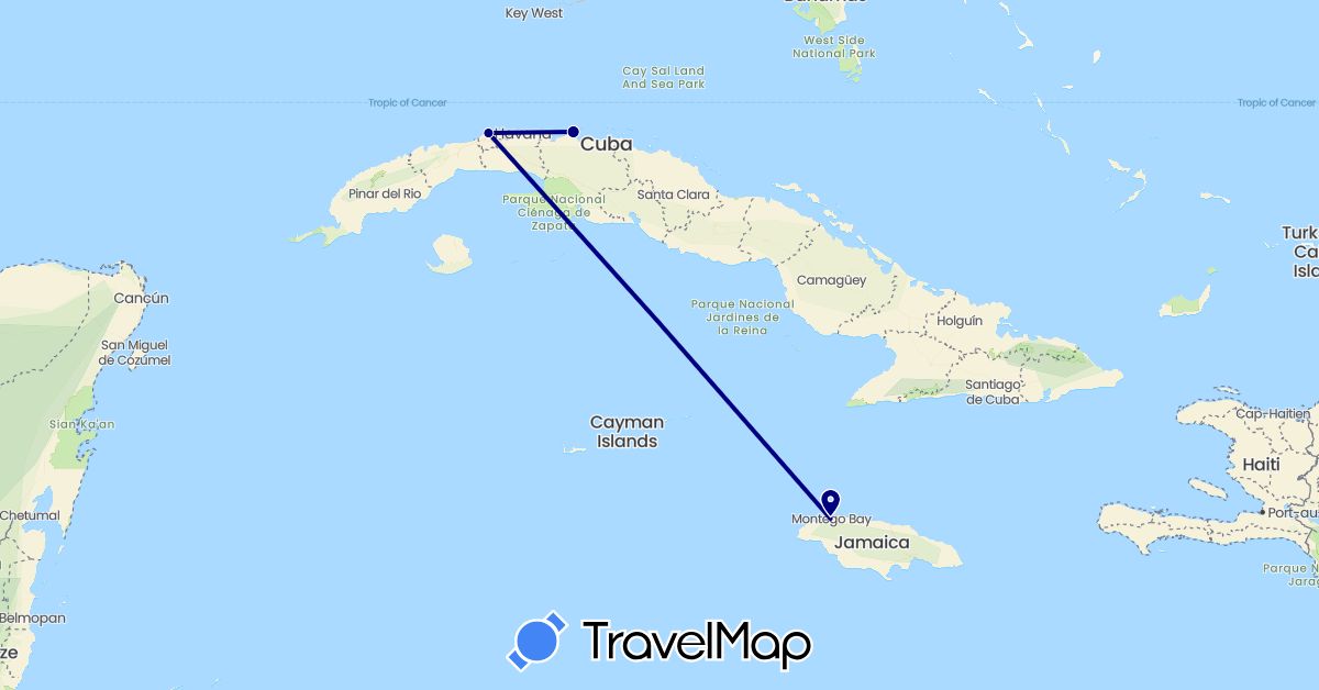 TravelMap itinerary: driving, plane in Cuba, Jamaica (North America)